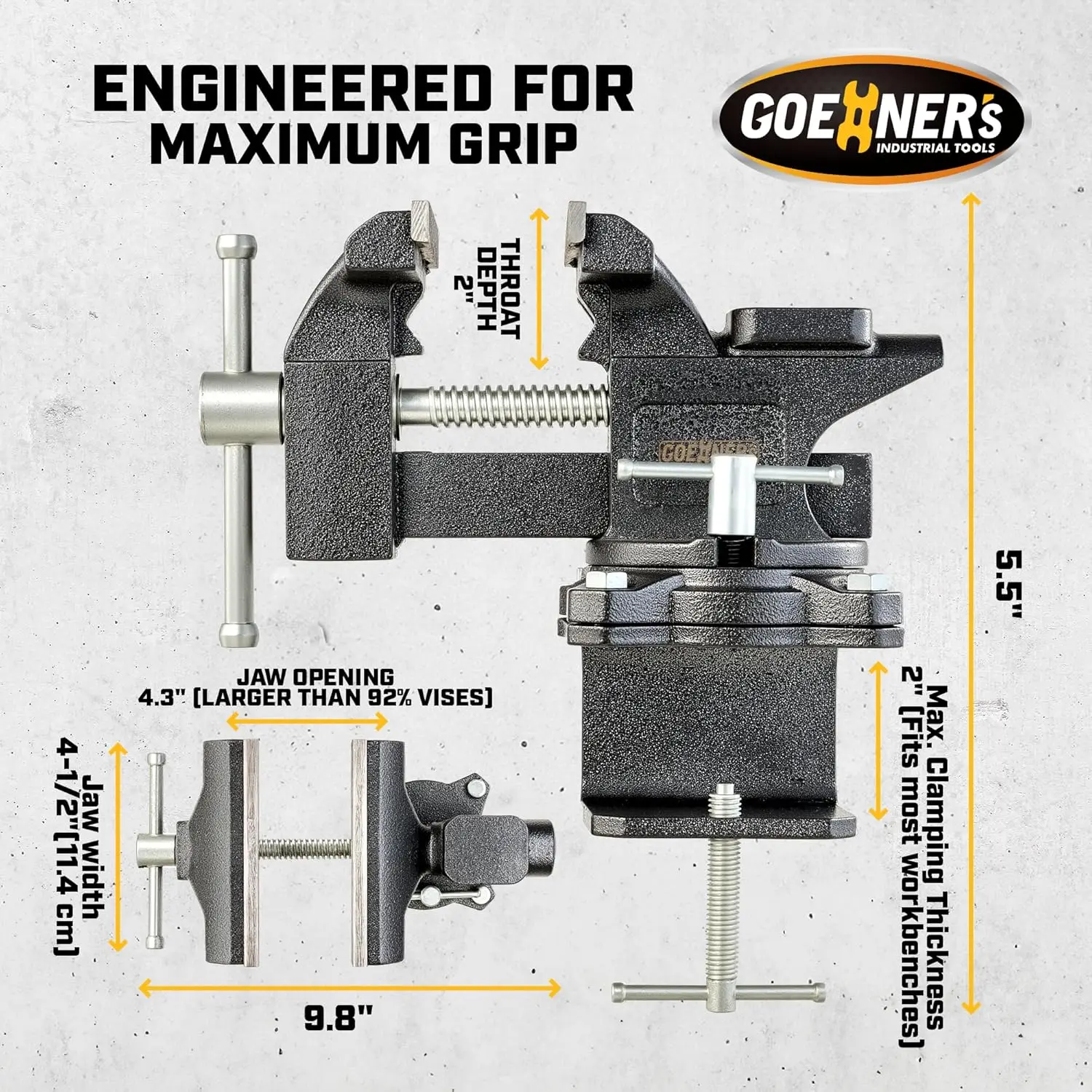 Heavy Duty Cast Iron Bench Vise with Swivel Base, 4.5" Jaw Width for Woodworking and DIY Projects