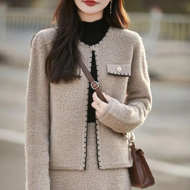 Sweater Round Neck Knitted Cardigan Solid Color Western Style Jacket Women's Bottoming Shirt Top