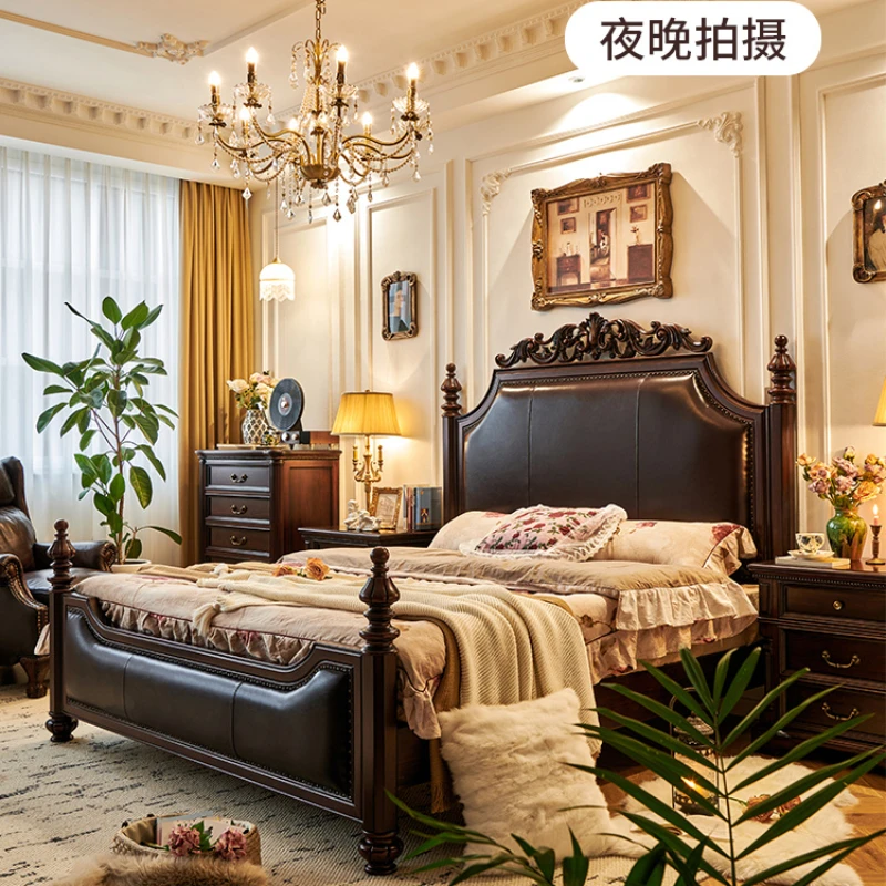 

*American style leather bed, full solid wood top layer, cowhide leather 1.8m, master bedroom double bed, wedding bed