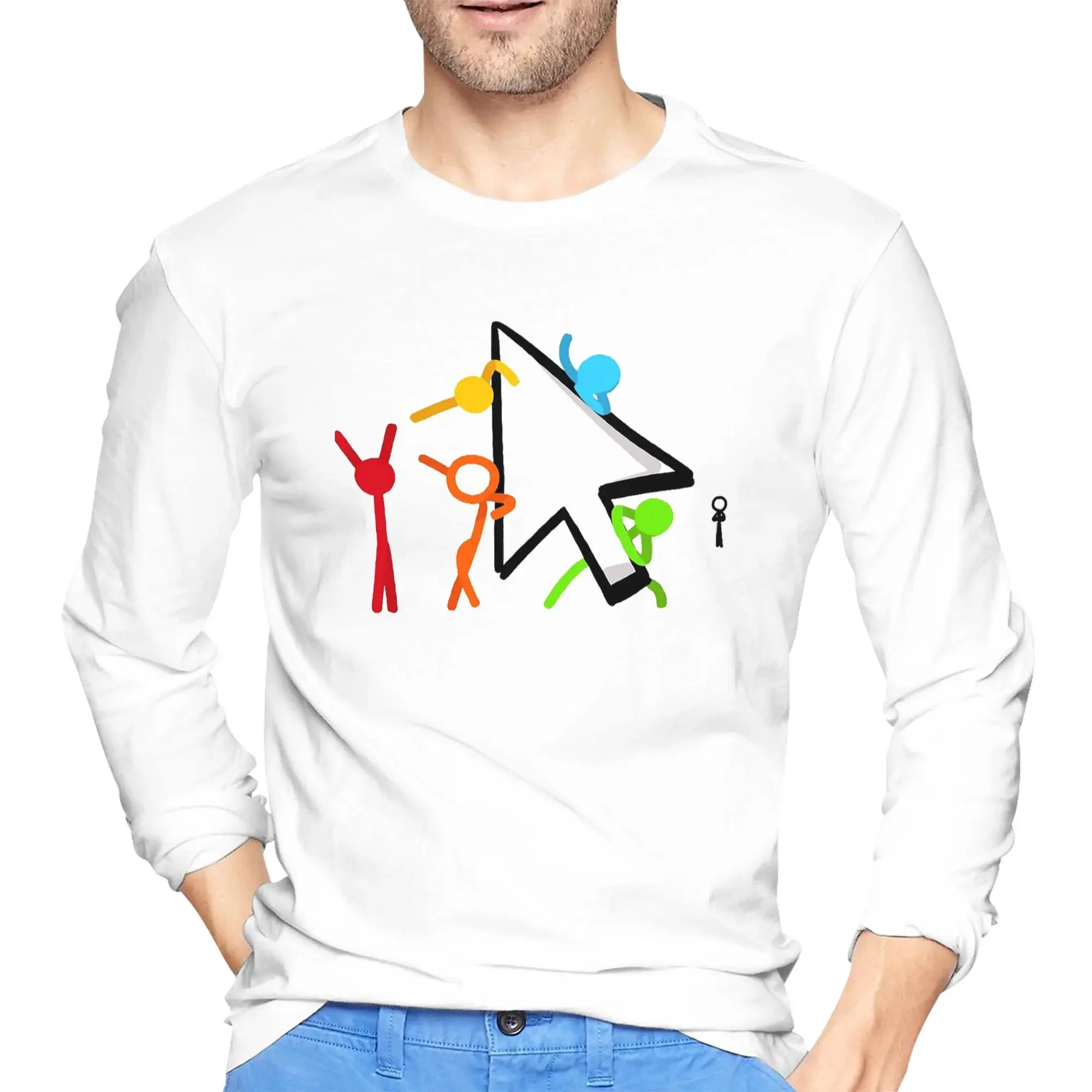 

Alan Becker Five Stick Figures With Fire Mouse Pickaxe Men's Long Sleeved T-shirt Round Neck T shirts Spring and Autumn Men tops