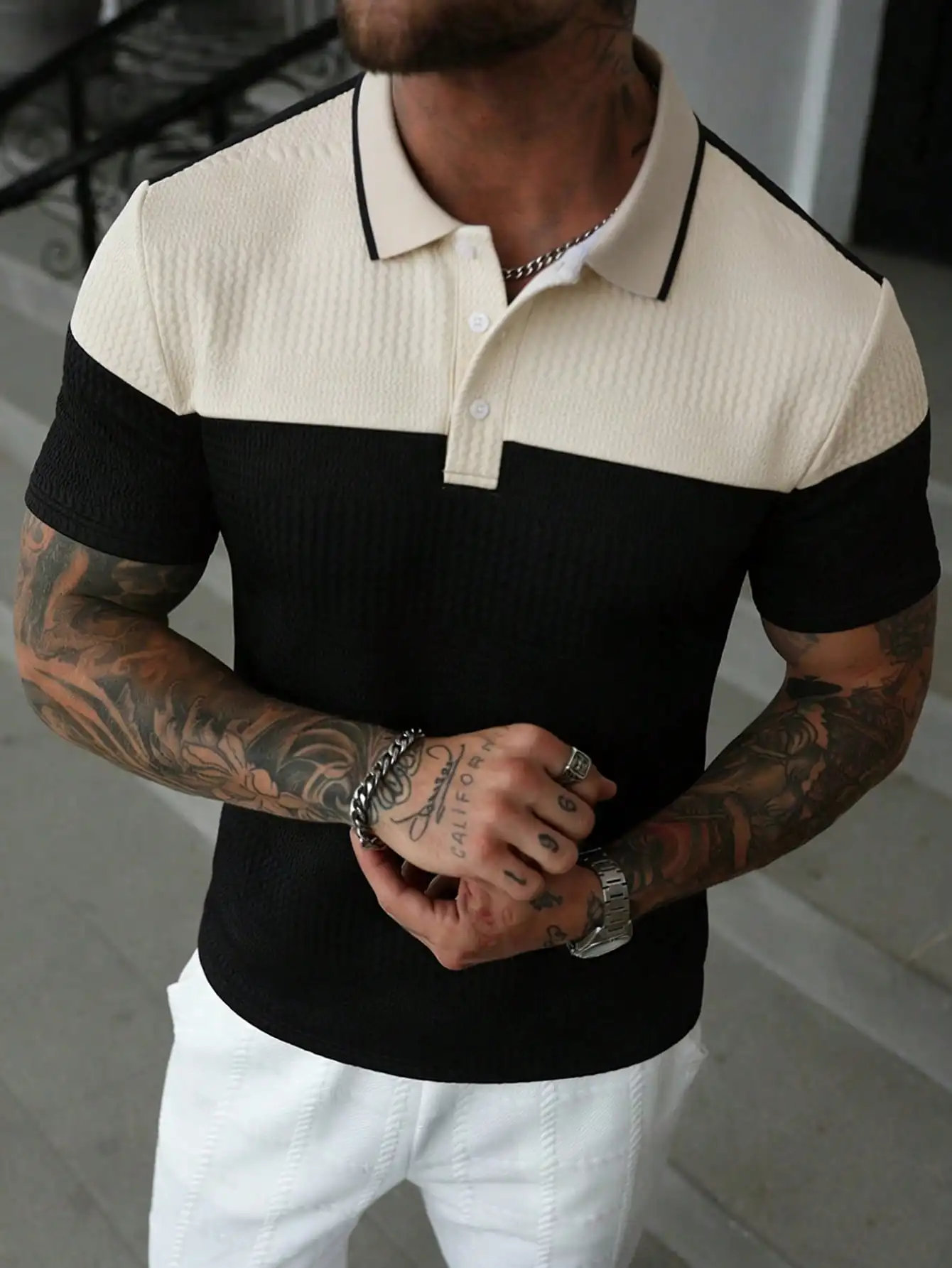

Men's Colorblock Textured Knit Polo Shirt - Casual Short Sleeve Button-Up