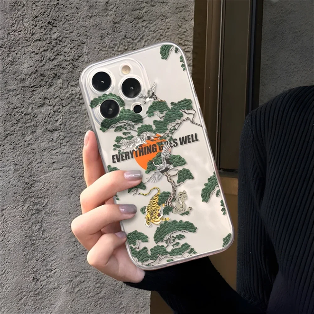 Aesthetic Art Crane Tiger Pine Clear Case for iPhone 16 15 Plus 11 12 13 14 Pro Max Ultra Thin Anti-Scratch Soft Silicone Cover