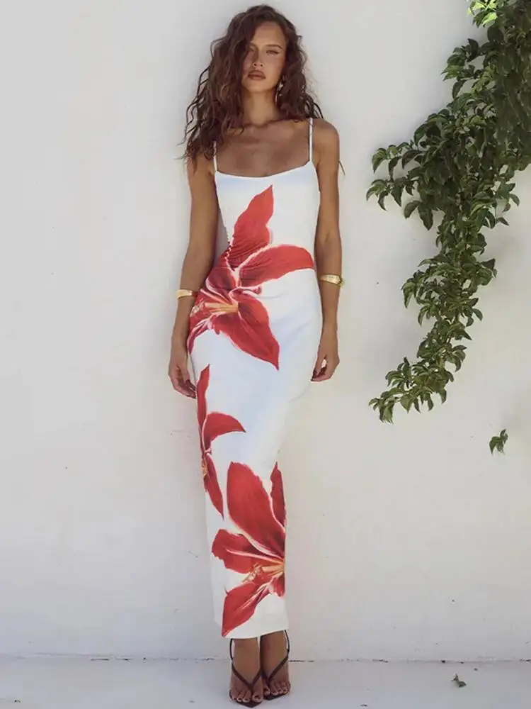 Floreal Print Long Dress For Women Gown Summer New Spaghetti Strap Sleeveless Backless Bodycon Sexy Midi Dress Elegant XW4E