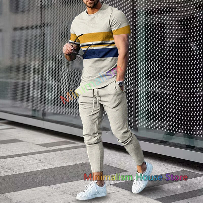 Summer Sportwear Suit Solid Color Short Sleeve T Shirt Long Pants Sets Men Tracksuit K Print 2 Piece Outfits Oversized Clothes