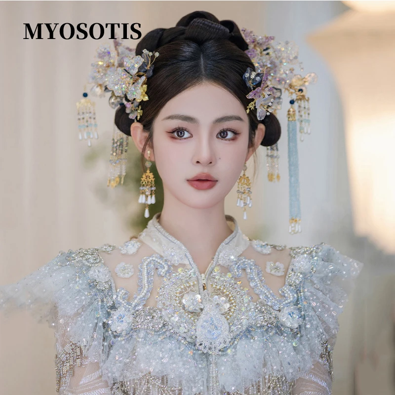 

Bridal Headdress Chinese Light Color Age-reducing Ancient Style Floral Liquid Beads Tassels Blue Purple Classical Xiuhe accessor