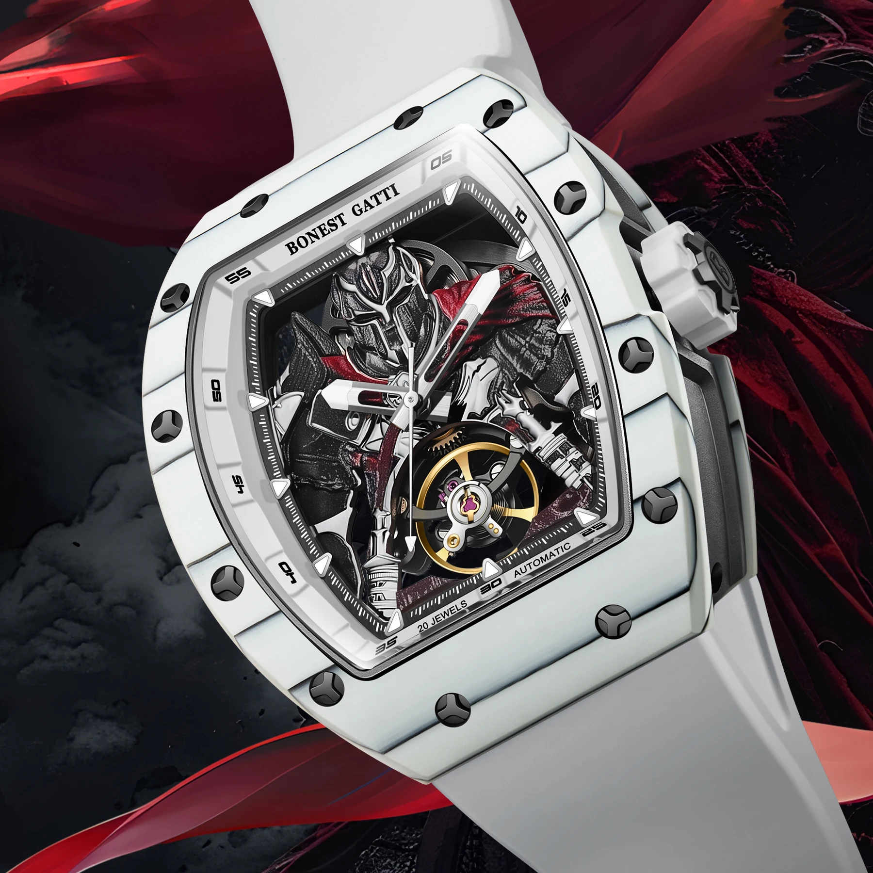 

BONEST GATTI Мужские автоматические часы 50 мм Механические наручные часы Корпус из углеродного волокна 3ATM Светящийся полый циферблат воина