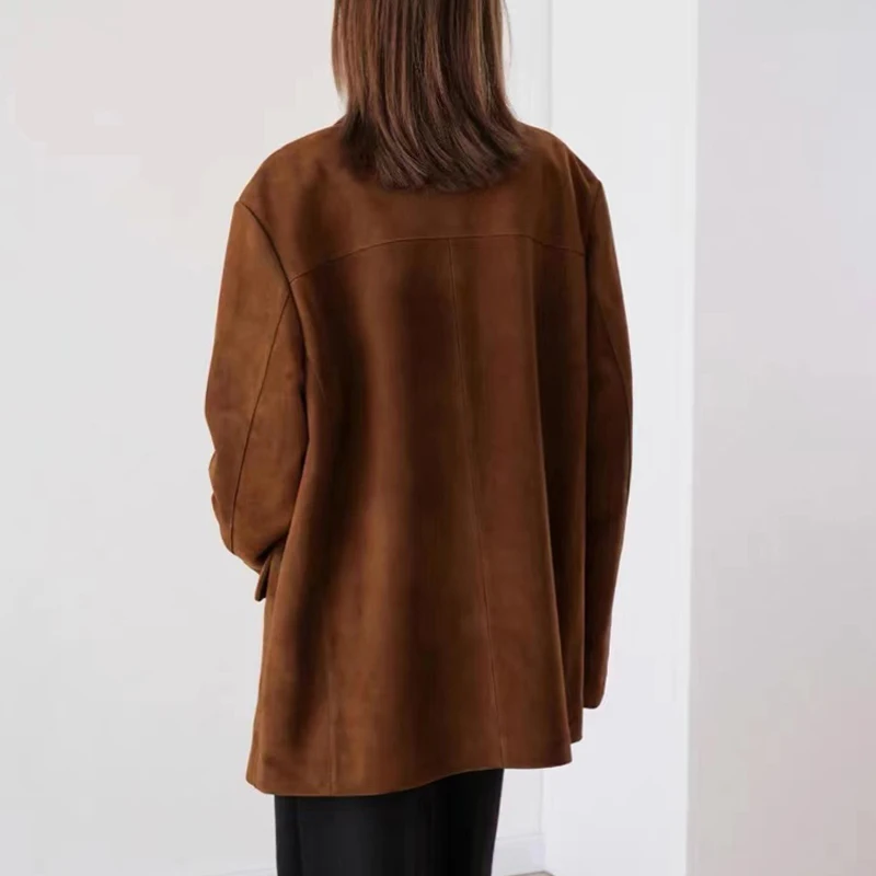 Retro Vintage Maillard Caramel Suede Jacket for Women Loose Fitting 2023 New High-end Genuine Leather Suit Medium Length Coat