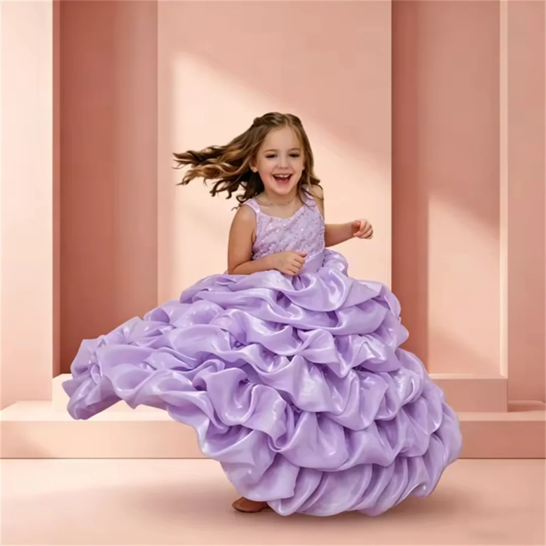 Tiered Sequin Multi-layer Pleated Dress Flower Girl Dress Customized Ball Drss Children's Birthday Party First Communion Dress