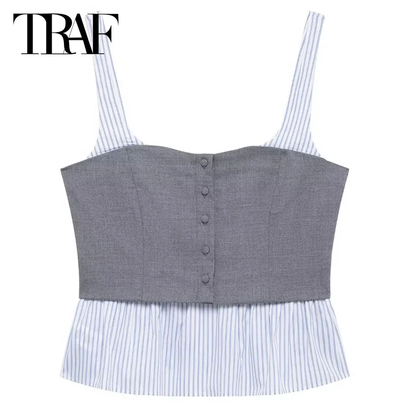 

TRAF 2025 Striped Patchwork Top Women Summer Tanks & Camis Women Top Button Up Sleeveless Tank Top Fashion Casual Slip Tops Vest
