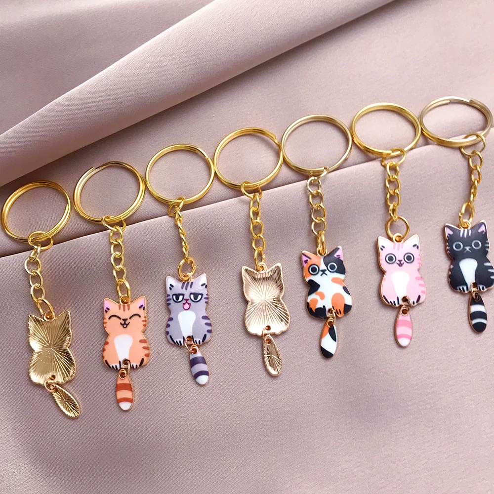 Cute Enamel Alloy Hanging Tail Cat Keychain For Women Colored Cat Ear Gold Color Young Girls Key Rings Jewelry Lovely Gift N821