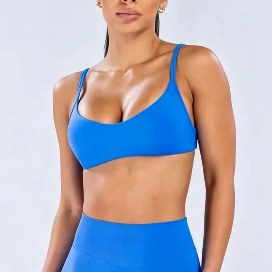 Scoop Neck Bra High Support Thin Strap Seamless Pilates Yoga Underwear Push-up Gym Clothes Workout Running Fitness Top