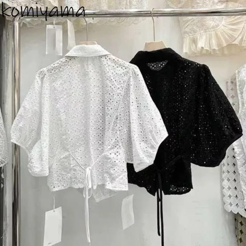 Back Bandage Bow Blusas Hollow Out 2025 Woman Shirts & Blouses Short Sleeve Camisas Pear Button Ropa Mujer Summer New Tops