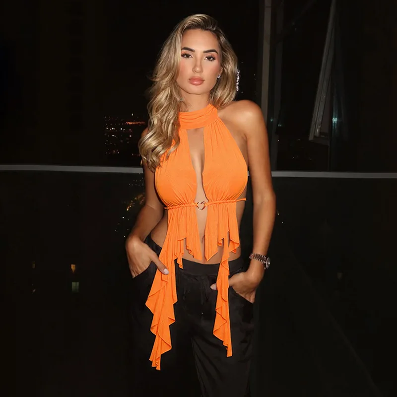 

Ruffles Ribbon Irregular Halter Tank Tops Women Solid Sexy Sleeveless Halter Lace Up Backless Vacation Beach Vests Streetwear