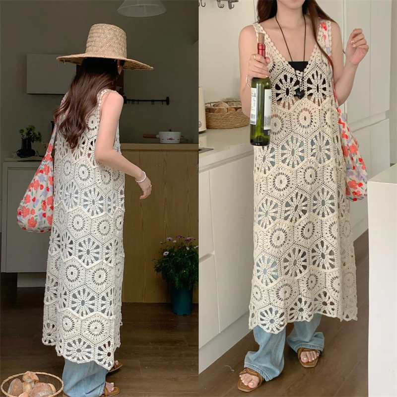 

Vintage lace halter T-shirt set cutout dress Sundress Vacation maxi dress Summer 2024 women's wear