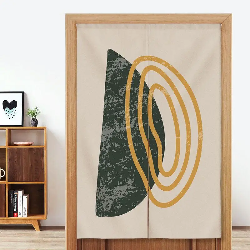VIKAMA Abstract Blue Circle Line Art Noren Door Curtain Partition Decorative Curtain Hanging for Kitchen Entryway Wall Decor