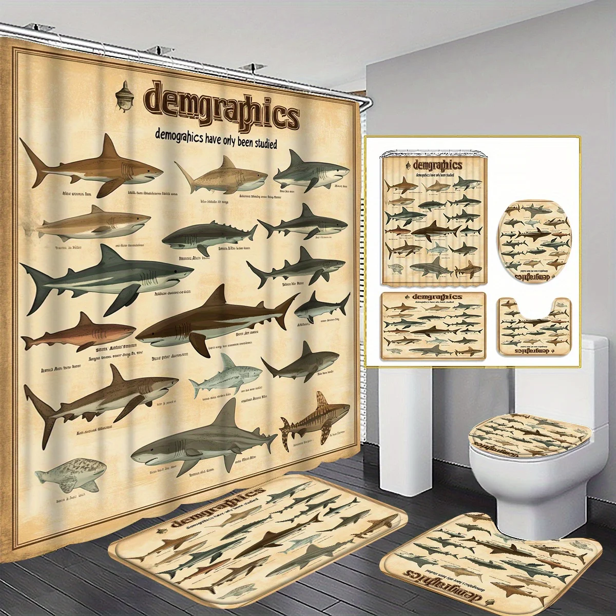 

4pcs Underwater World Shark Pattern Shower Curtain Set Bathroom Curtain, Bathroom Decor Shower Curtain, Bathroom Partition