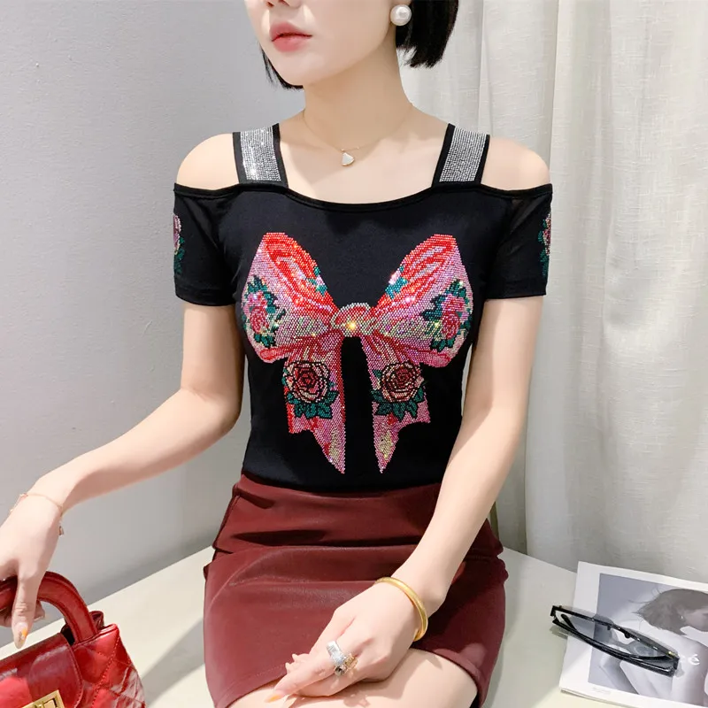 New Arrivals Streetwear Summer T-Shirt Chic Bow Hot Diamonds Tops Fashion Women's Sexy Off Shoulder Slim Tees Blouse