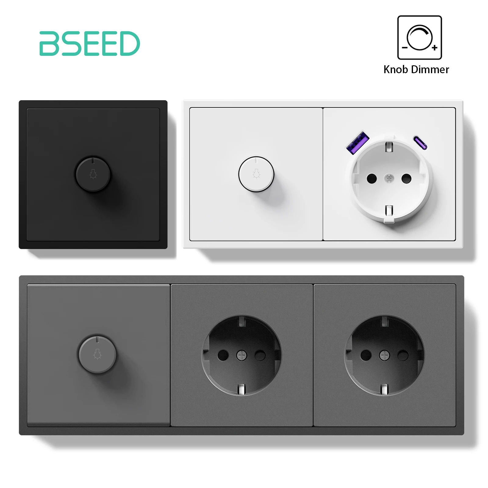 BSEED  Mechanical Knob Dimmer Switch 1Way Wall Light Switch Plus EU Power Sockets Type-c USB Charging Ports  Plastic Frames