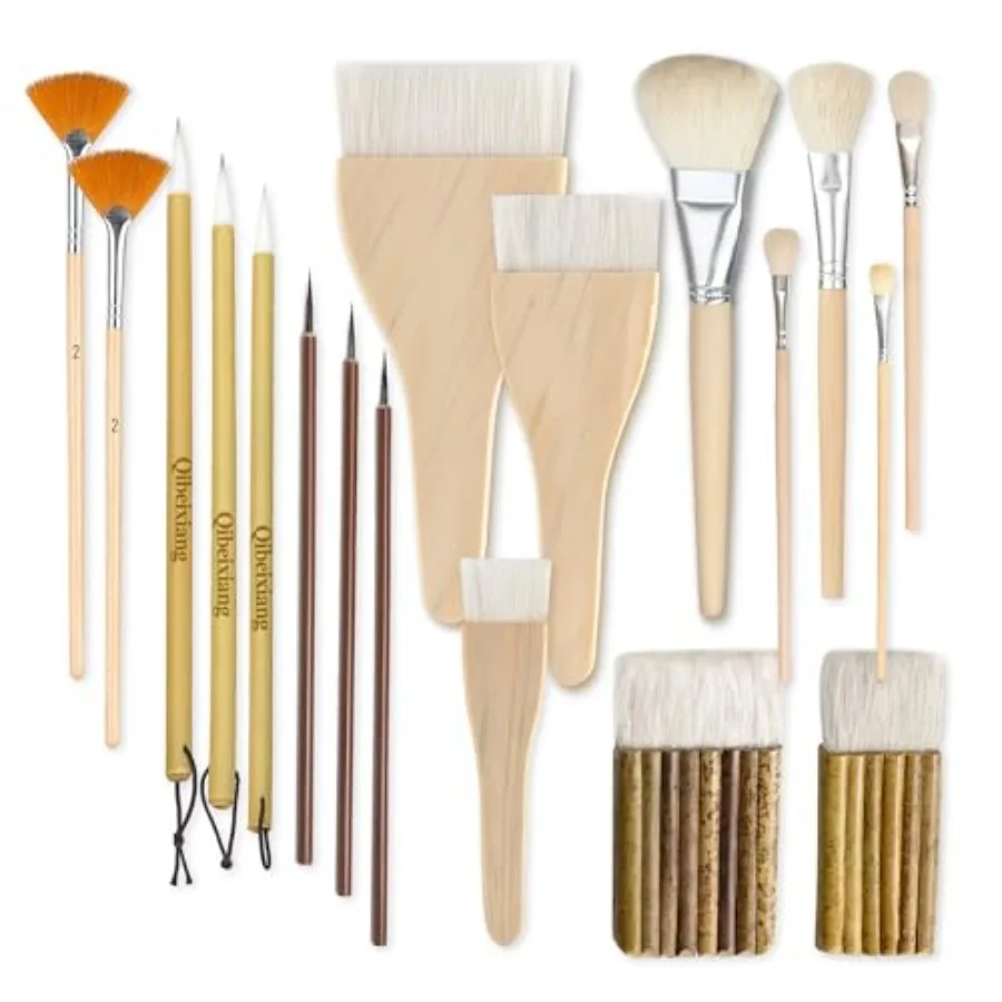 

【Spot goods】18-Piece Pottery Glaze and Ceramic Painting Brush Set Goat Hair Hake and Wooden Brushes for Pottery Glazing Clay Ar