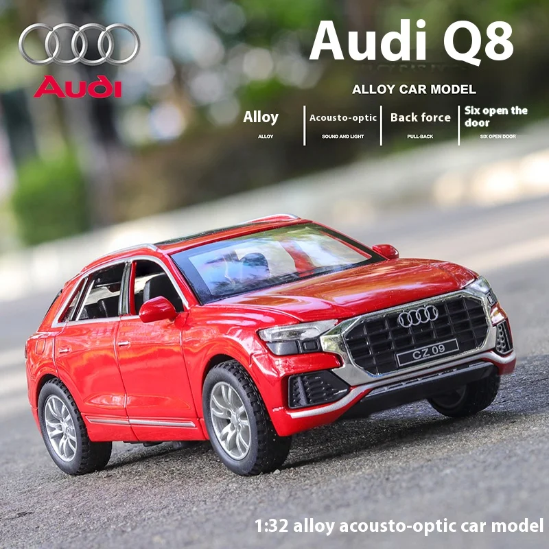 1:32 AUDI Q8 SUV Alloy Car Model Diecast Metal Vehicle Trendy Ornaments Sound And Light Pull Back Car Door Can Open Toys Giftbox