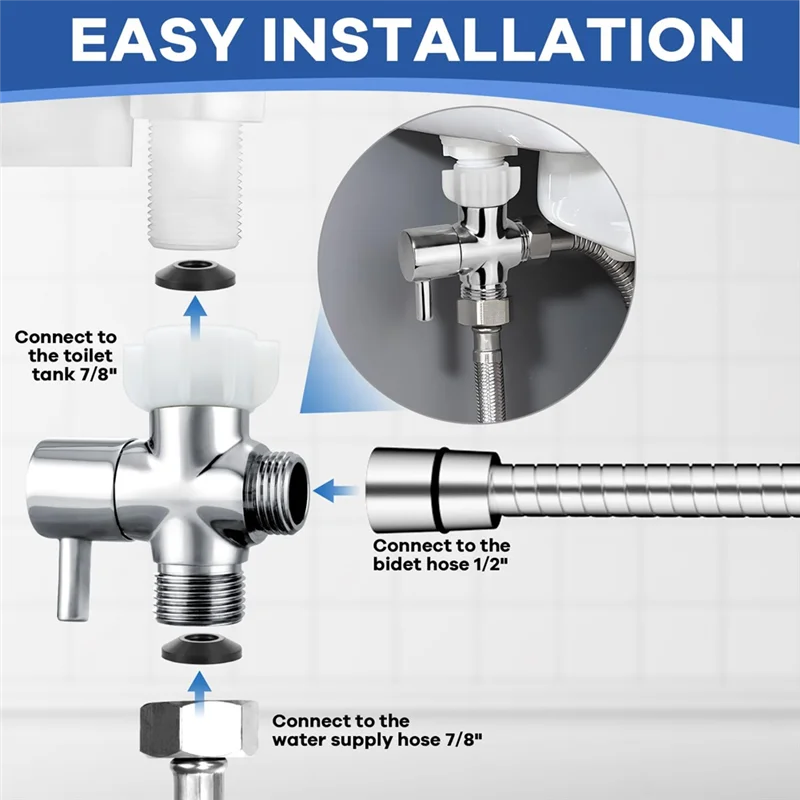 محول A74E-T مع صمام إغلاق، صمام T معدني لـ Bidet- موصل تي في مرفق أحجام 7/8 بوصة × 7/8 بوصة × 1/2 بوصة أو 3/8 بوصة #4