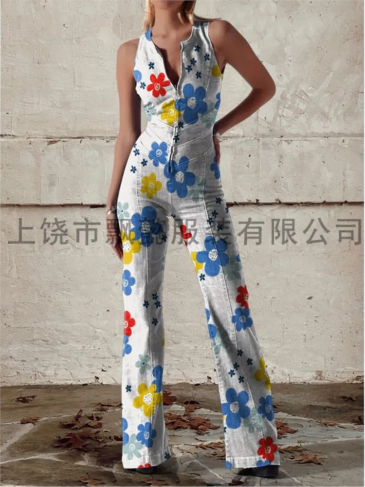 Women Fashion Printed Jumpsuits 2025 Spring Summer Sexy Sleeveless Long Straight Pants Jumpsuits With Zipper Female New Clothing