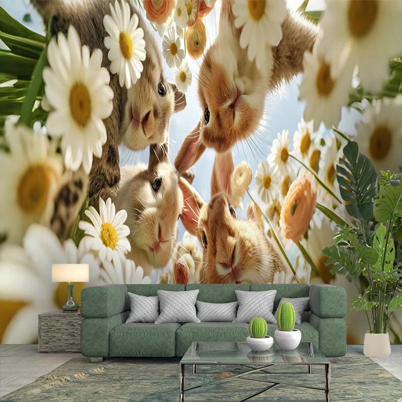 1PC Easter Bunnies Daisy Flower Field Print Backdrop Banner, Bedroom Living Room Photo Background, Polyester, Home Decor, Wall A