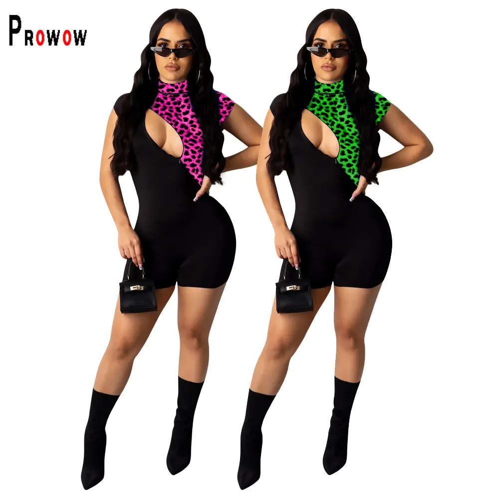 Prowow Fashion Leopard Print Women Playsuits Sexy Hollow Out One-piece Skinny Clothing Shortsleeved Summer Joggers Outfits