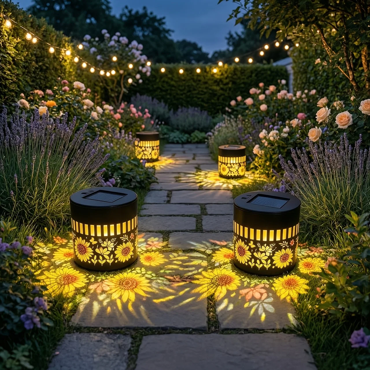 2 Pack Solar Fence Lights, Metal Solar Outdoor Deck/Step Wall Lights, Christmas Decorative Lights, Painted Sunflower Lanterns, Suitable for Garden Columns, Patios, Backyards and Courtyards, Fairy Tale Garden Decorative Lights. view 8