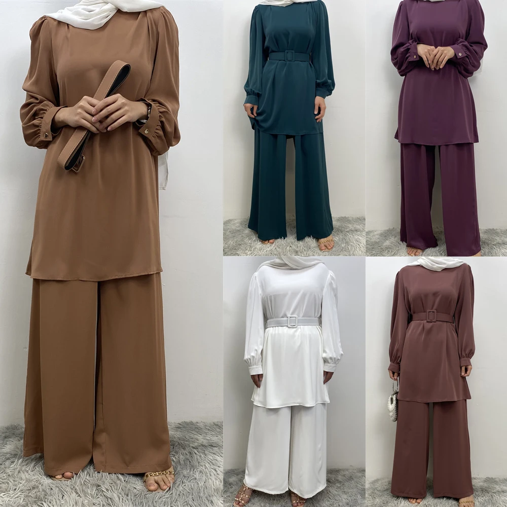 Muslim Women Matching Sets Long Sleeve Solid Color Belt Tops And Loose Pant Suits Elegant Fashion Casual Tracksuit Kaftan 2024