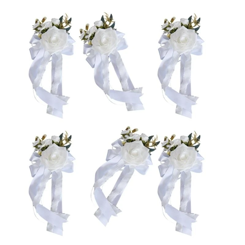 

6Pcs Wedding Car Florals Accessories Artificial Rose Bowknot for Festives Vehicle Door Embellishments Party Supplies 15UB