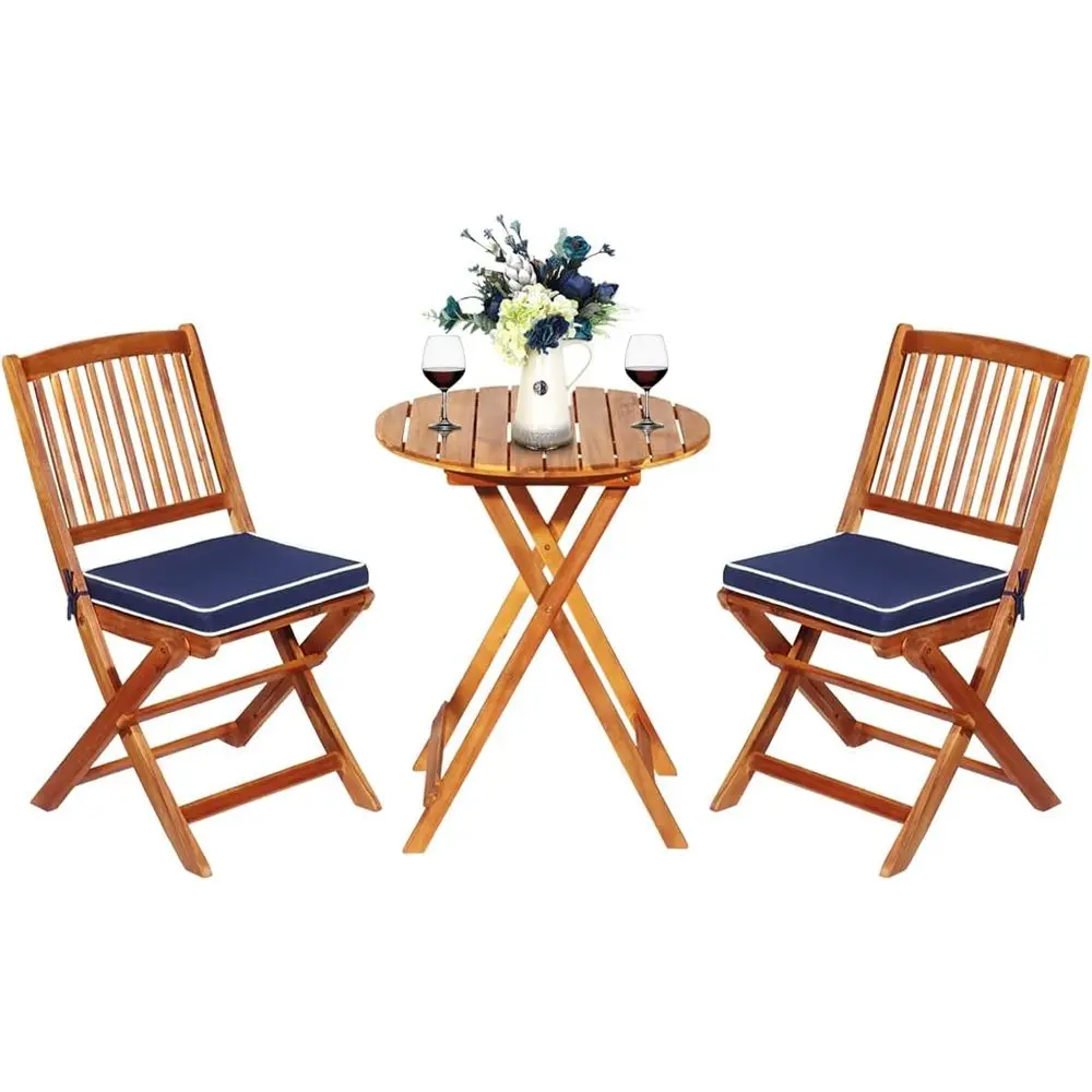 

Acacia Wood 3-Piece Patio Bistro Set with Cushions, Perfect for Small Balcony, Navy Blue