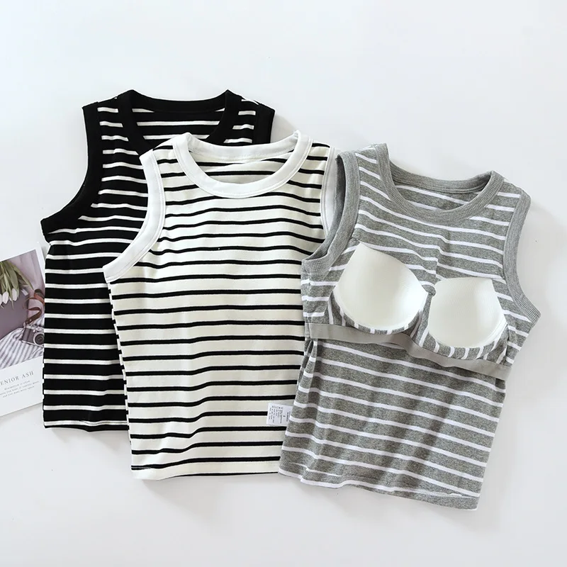 Cotton Striped Camisole with Padded Bust Women Sleeveless Undershirt Summer Crop Top Outerwear Concealing Side Cleavage C5525