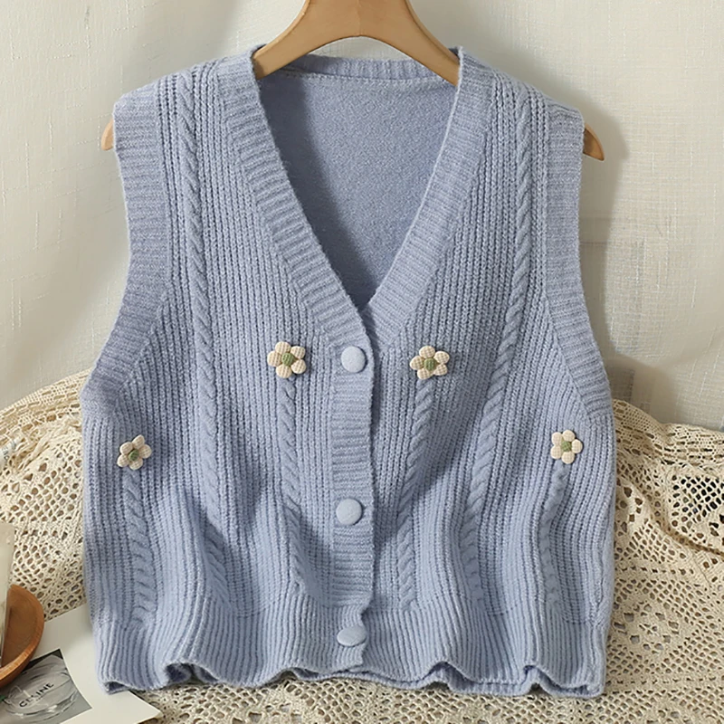 HELIAR Women Flower Knitted Sweet Sweater Vest V-neck Buttons Up Cardigan Sleeveless Office Knitted Vest Casual Top Fall Winter