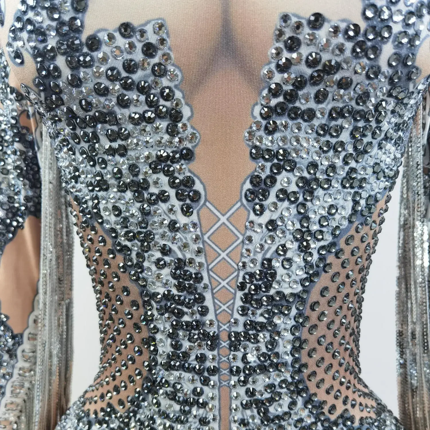 Seksowne frędzle z Rhinestone body sceniczne damskie z nocnego nocnego kryształu Stretch obcisłe body moda rura Dance występ na scenie Romper