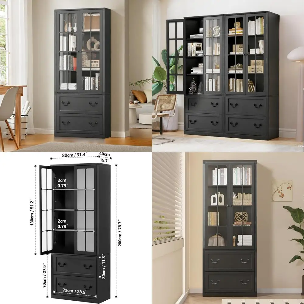 Estante alta elegante de 4 prateleiras com portas de vidro e gavetas de armazenamento para organização de grande capacidade