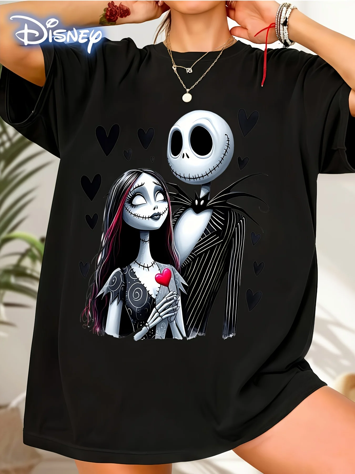 

Мужские и женские футболки Disney Official Nightmare Jack&Sally перед Рождеством — костюм на Хэллоуин со свободными короткими рукавами