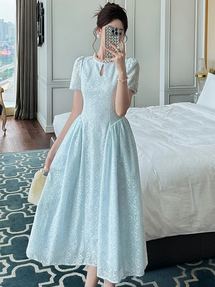 Elegant Sweet Lace ชุดเย็บปักถักร้อยเสื้อผ้าผู้หญิงอย่างเป็นทางการโอกาสเพิร์ลเลื่อม Swing ยาว Robe หญิง Party Prom Vestido Lady