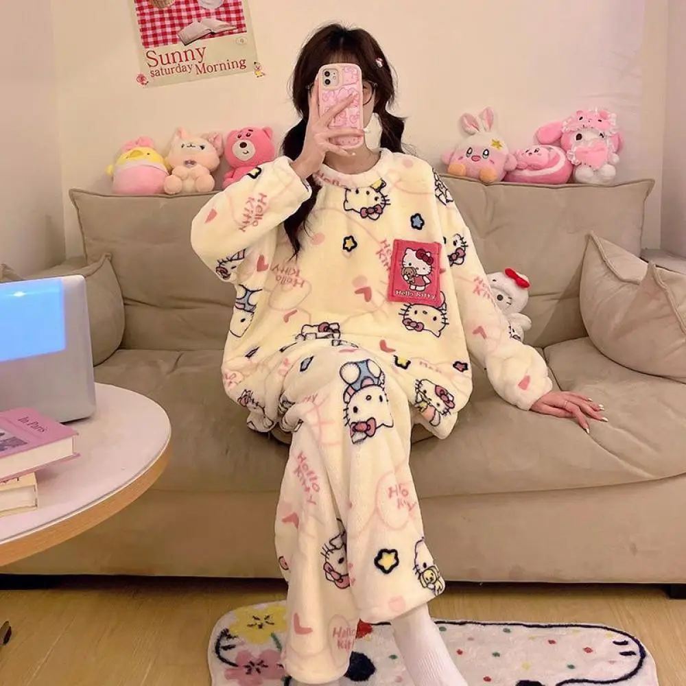 Cartoon Hello Kitty Anime Women Pajamas Suit Anime Winter Girls Coral Fleece Sleepclothes Flannel Velvet Thicken Homewear Suit