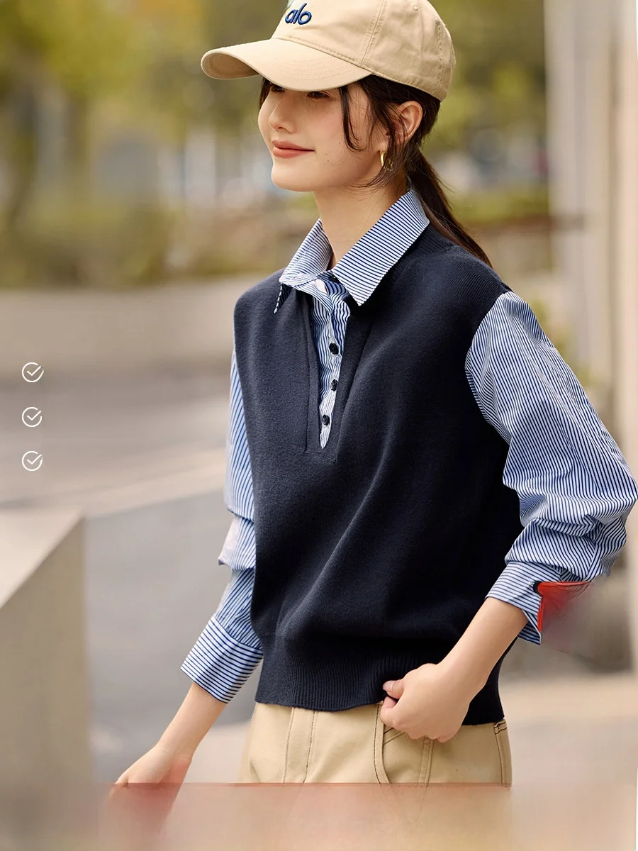 

Ele Loose ort Knitted Top Women's Fake Two-Piece Stripe Patchwork Autumn Winter Warm Ladies' Faion Straight Cut