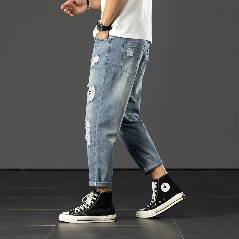 2024 Spring/Summer New Fashion Blue Ripped Jeans Men's Casual Relaxed Comfortable Breathable High-Quality Plus-Size Pants 28-38