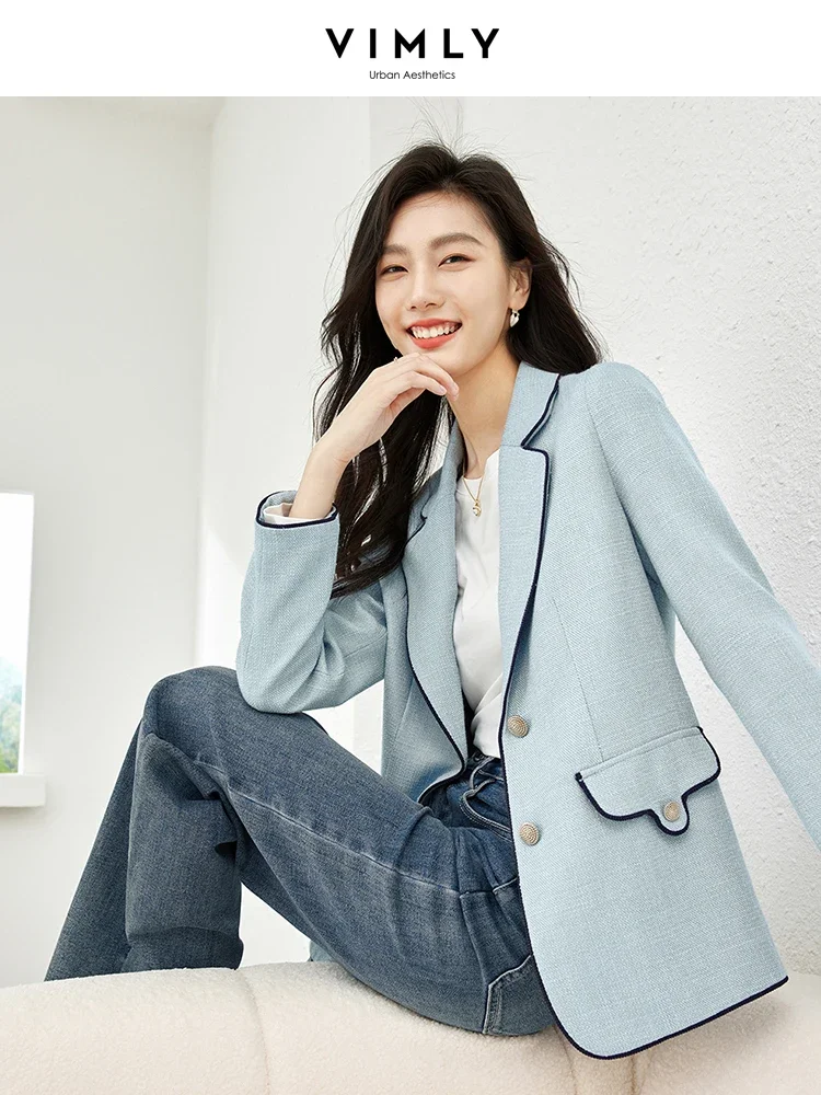 

VIMLY Elegant Women's Blue Blazers Jacket Coat Office Wear Autumn 2025 Long Sleeve Tops Casual Notched Loose Ladies Blazer M2791
