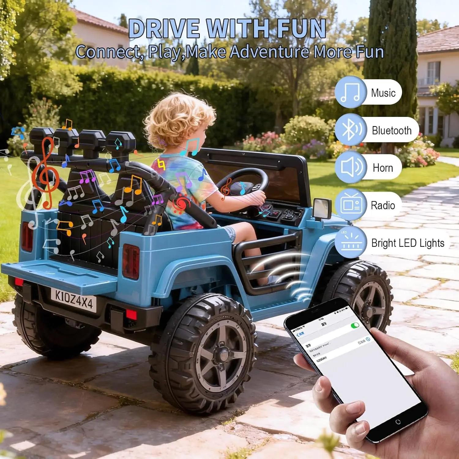 Giocattoli da corsa elettrici 24V con telecomando, 4WD/2WD, 3 velocità, luci a LED, Bluetooth, auto elettrica per bambini piccoli 3-8 anni