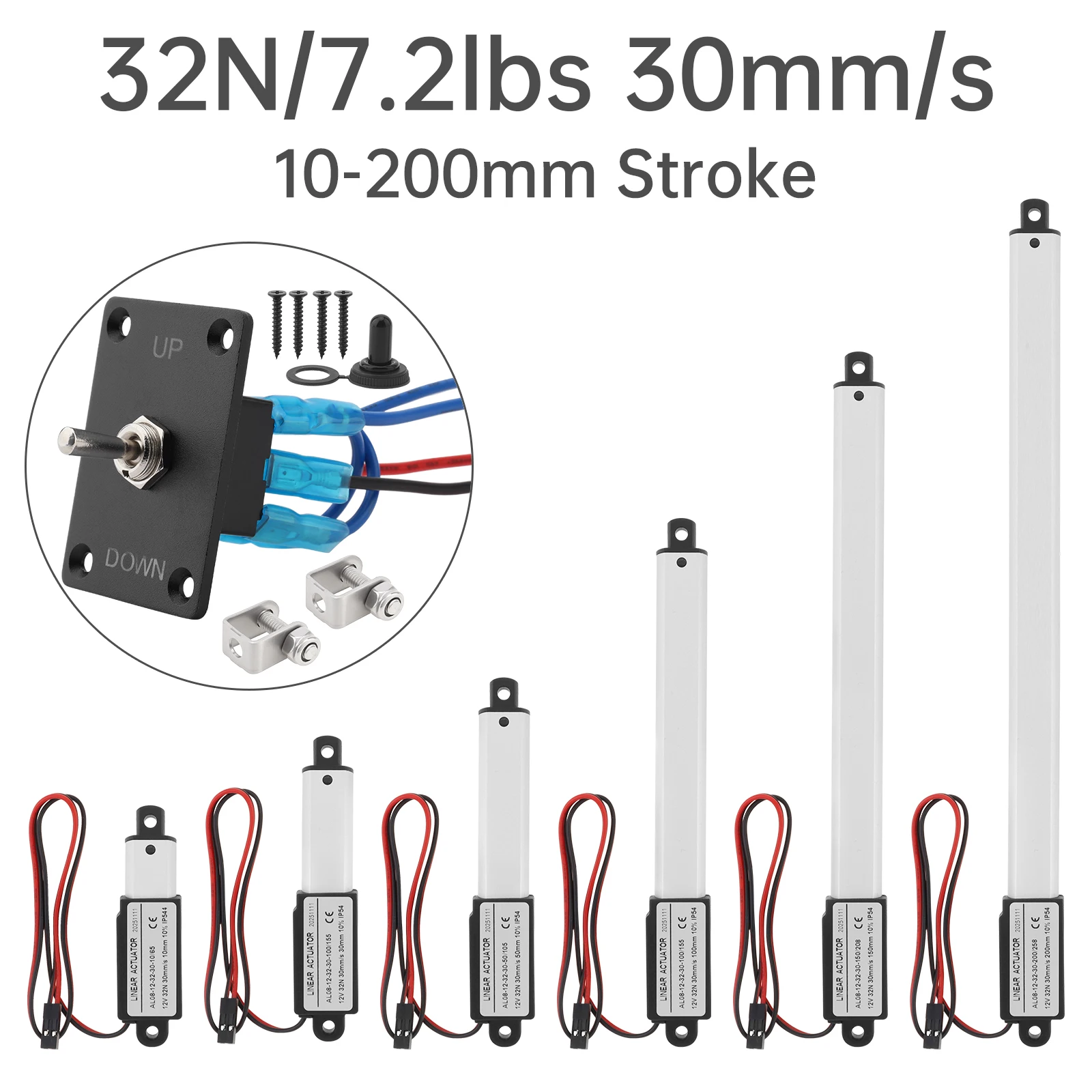 12V Linear Motion Actuator 10-200mm Stroke 30mm/s DC Motors Micro Electric Linear Actuator with UP/DOWN Panel Switch,Bracket