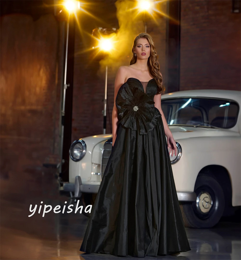 Satin Flower Beading Ruched Beach A-line Strapless Bespoke Occasion Gown Long Dresses