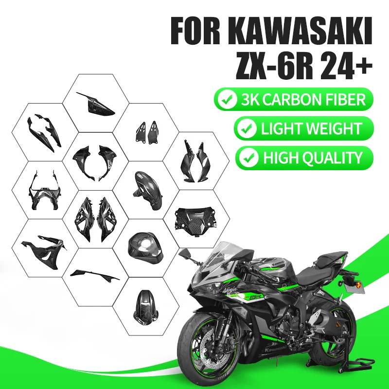 pour-kawasaki-zx6r-zx636-2024-100-fibre-de-carbone-pure-accessoires-de-moto-kit-de-carenage-garde-boue-avant-couvercle-de-reservoir-d'huile-couvercle-de-cadre