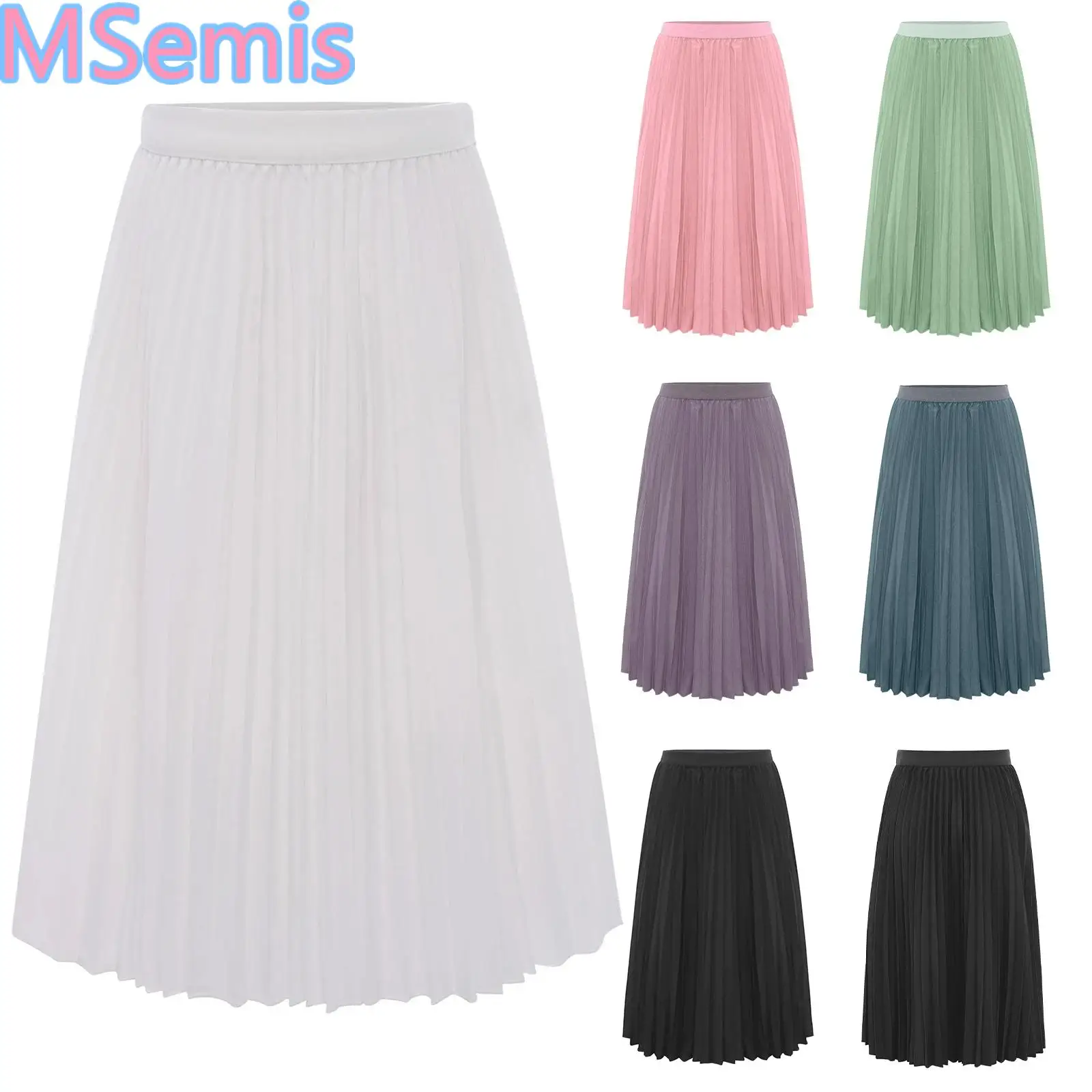 

Kids Girls Solid Color Pleated Skirt High Waist Elastic Waistband Skirts with Lining for Birthday Party Holiday Photography Wear