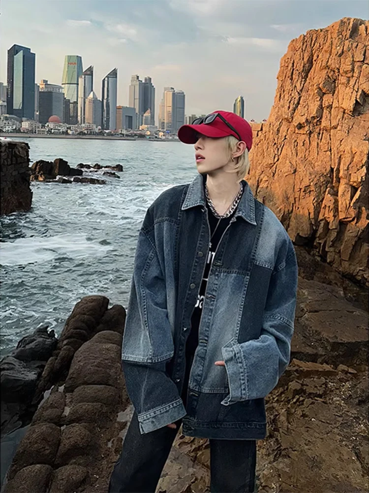 

Весенне-осенняя джинсовая куртка для мужчин: повседневная винтажная рабочая куртка с цветными вставками, модная свободная куртка для пар