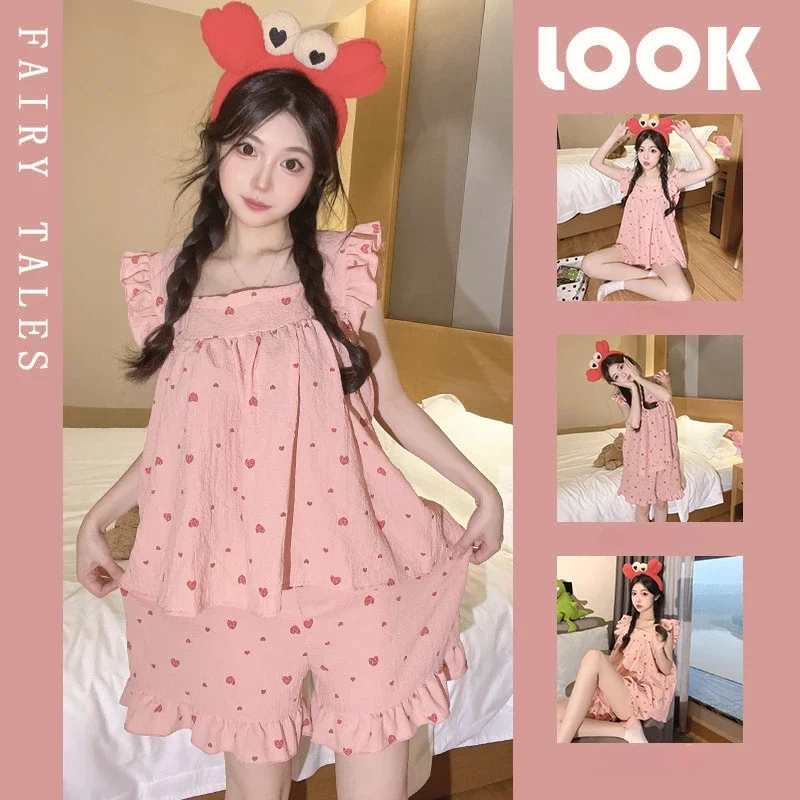 

New Cartoon Printed Pajamas Women's Summer Suspenders Lace Cute Sweet Girl Thin Shorts Loungewear Set