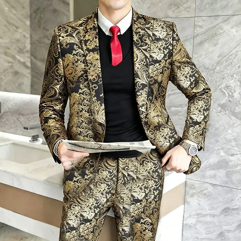 Herrenanzüge, modische Anzüge für Hochzeiten, lässige Slim-Fit-Anzüge, Friseuranzüge, Herrenanzüge im koreanischen Stil, Anzüge für Bankette, Business-Anzüge, Goldprägung, Anzüge – Detail 10